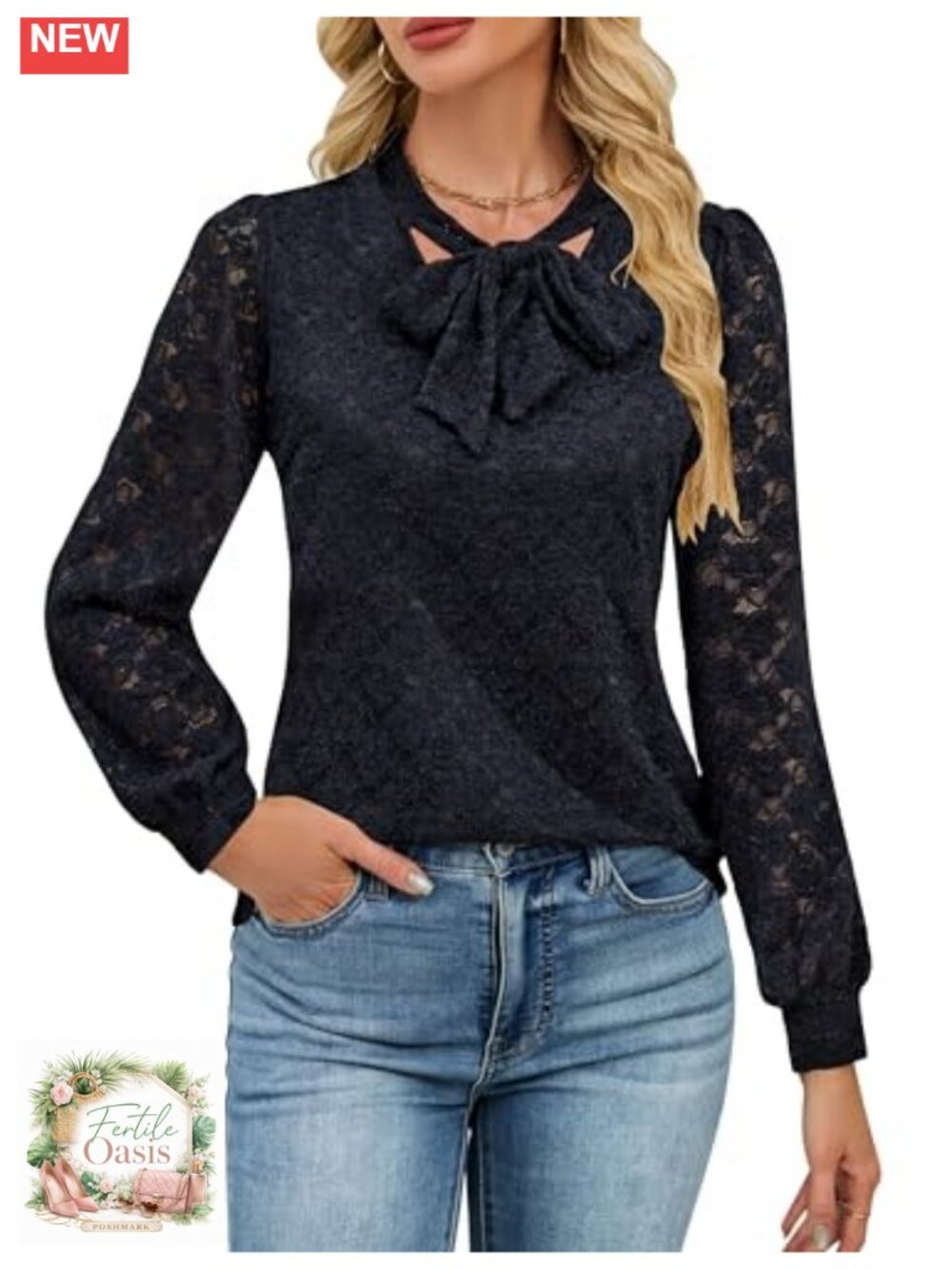 Lace Long Sleeve Tie Neck Blouse Women Dressy Casual Elegant